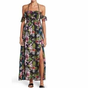 Boho Me Black Pink Tropical Off Shoulder Floral Maxi Dress XS